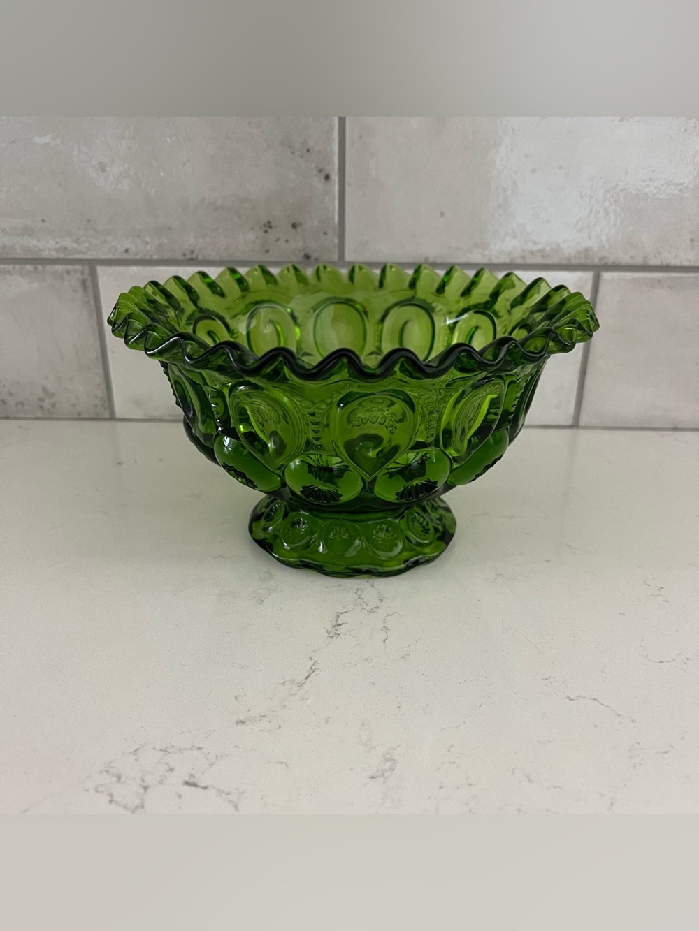 Vintage 1960s LE SMITH GLASS Green Moon and Star Glass Footed Compote Bowl